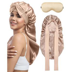 수면용 AWATHTR 긴 머리 보닛 - 수면 안대를 착용한 여성용 더블 레이어 탄력 넥타이 밴드 새틴 (샴페인)