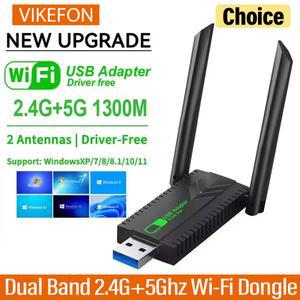 VIKEFON 1300Mbps WiFi USB 어댑터 듀얼 밴드 2.4G+5Ghz Wi-Fi 동글 수신기 USB3.0 고속 무선 네트워크 카드 드라이버 무료