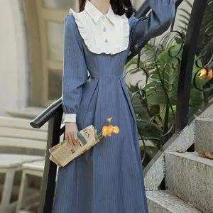 TBZ 교복몰 빈티지 블루 스트라이프 레이스 원피스 컨셉