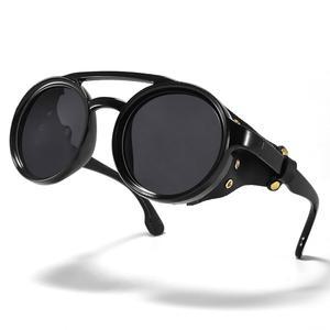 PANNER 레트로 라운드 스팀펑크 편광 선글라스 가죽 사이드 쉴드 더블 브릿지 안경 남성 여성용