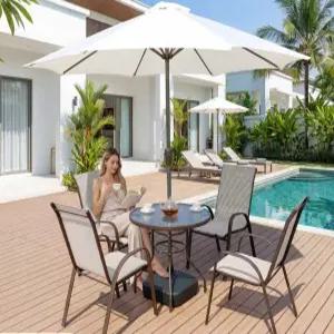 북유럽 예쁜 야외 파라솔 철제 테이블 세트 방수 메쉬 의자 4인용 6인용 카페 펜션 테라스