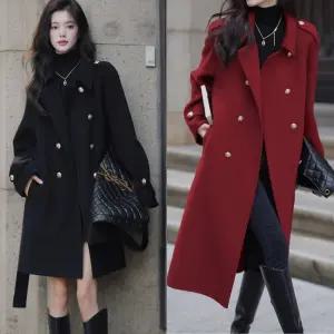 여성 어깨견장 허리끈 하이넥 더블 숏 롱 코트 하프