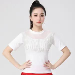 라인 라틴 댄스복 왈츠 방송 모던댄스 여성 줌바 사교 댄스상의 공연복