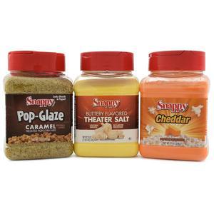 스냅피 팝콘 시즈닝, 체다 치즈, 12온스, 버터 맛 극장 팝콘 소금, 19온스, 카라멜 글레이즈, 15온스, 3캔