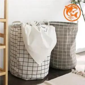 [생활] 다용도 수납 바구니 원형 접이식 화이트 체크 정리함 세탁용품 정리함
