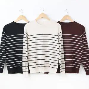 [신세계라이브쇼핑]3종세트 여성 봄 스트라이프 니트 라운드넥 긴팔 데일리 단가라 니트티 출근룩