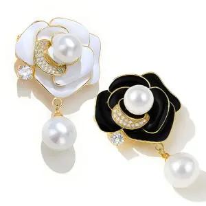 블랙앤화이트 엘레강스 무드 로즈 장미 진주 옷핀 브로치