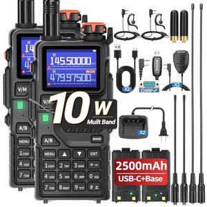 FENG K5Plus Ham 라디오 10W 장거리 휴대용 충전식 무전기 5RM NOAA 날씨 양방향 복사 주파수, 프로그래밍 케이블 스피커 마이크, 타입-C 충전, 2팩