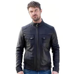 EXCELLED LEATHER 남성용 스탠드 칼라 가죽 천연 블랙 봄버 집업 슬림 빈티지 오토바이 재킷