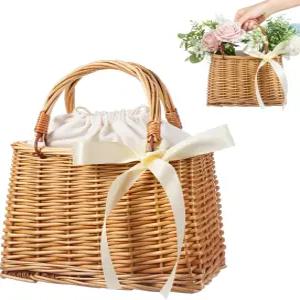 VOSAREA 꽃 소녀 바구니 라탄 직사각형 - 손잡이와 흰색 리본이 달린 작은 위커 결혼식을 위한 소박한 보호