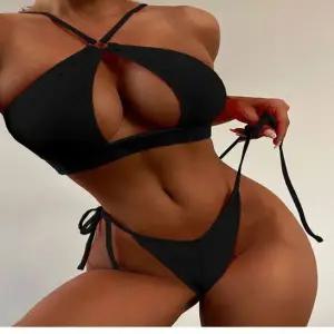 링홀터비키니 여성 비치수영복 세트 여름 리본 집업 비치 실내 2PCS