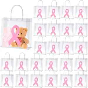 게일티 24개 핑크 리본 유방암 인식 투명 선물 가방 손잡이 플라스틱 구디백 홀리데이 파티 보관 정리용