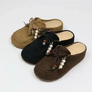 여자 클래식 세무 끈장식 샌들힐 포근한 FUR안감 블로퍼