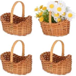 손잡이가 달린 이펫붐 미니 직조 바구니 - 인형의 집 장식 결혼식 파티를 위한 작은 라탄 꽃 DIY 공예