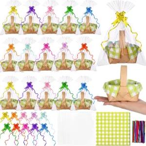 손잡이가 달린 미니 직조 바구니 24개 종이 냅킨 30개 플라스틱 가방 금속 트위스트 타이 결혼식 파티 선물