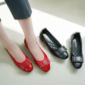 여자 발편한 낮은굽 스퀘어 버클 레더 플랫슈즈