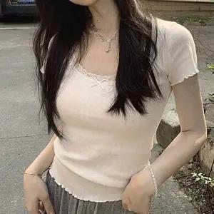 여름 티셔츠 U넥 레이스 청순 여자 아일렛 프릴 반팔티