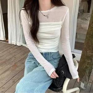 얇은 여성 데일리 시스루 티셔츠 상의 긴팔 여름 슬림핏 3색