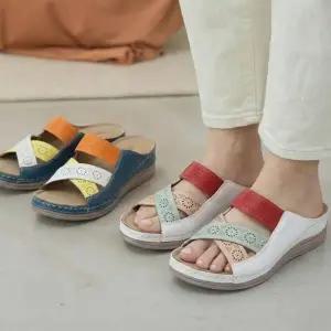 [옷자락]여자 펀칭 배색 와이드 스트랩 쿠션 통굽 샌들