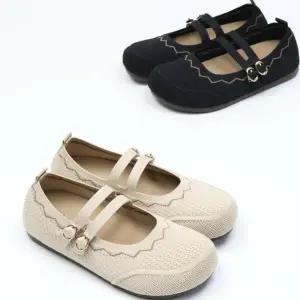 여자 편안한 니트 스트랩 메리제인 플랫슈즈