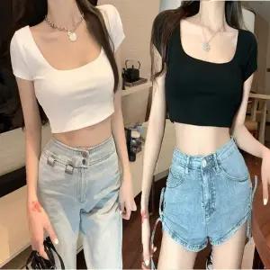 스퀘어넥 반팔 크롭 슬림핏 여름 티셔츠 이너 여자