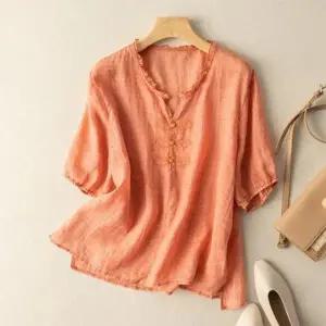 은창]나뭇잎 자수 린넨 5부 티셔츠 여름 상의 여름 퍼프 반팔 상의 블라우스 티셔츠 셔츠 마담