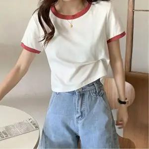 3 티셔츠 세미크롭 반팔티 여성 링거 여름 반팔 배색