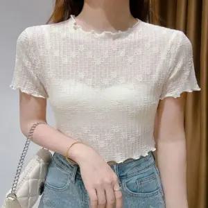 크롭기장 반팔티 시스루 티셔츠 여자 프릴 이너 여름