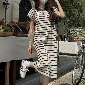 카라 스트라이프 반팔원피스 여름 여성 편한 캡소매