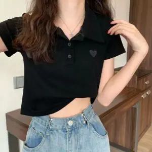 여름티 여성 4컬러 상의 크롭 카라넥 자수 반팔