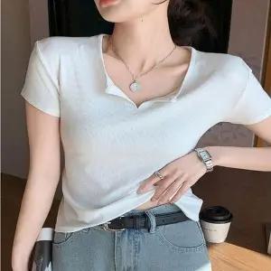 반오픈 라운드 여름 골지 슬림 티셔츠 여성반팔티