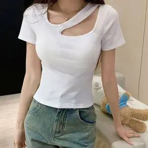 2색 여성 여름 캐주얼 크롭 크롭티 상의 트임 반팔티 언발