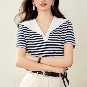 ( )반팔 여름 스트라이프 카라 세일러 마린룩 셔츠 여성 상의