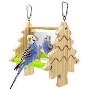 버드 미러 장난감 농어, 양면 HD 잉꼬 거울 및 여러 마리의 새를 위한 면으로 감싼 농어 2개, 케이지를 나무 프레임 걸이 앵무새 그네, 버디 러브버드 코카티엘을 안전한 모서리 없는