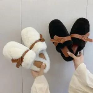 |CCS7ECE|여성용 포근한 양털 리본 장식 플랫 슬리퍼