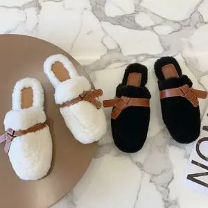 CCS7ECE여성용 포근한 양털 리본 장식 플랫 슬리퍼