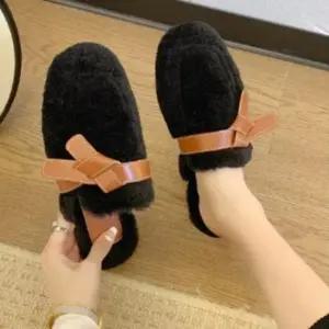 CCS7ECE여성용 포근한 양털 리본 플랫 슬리퍼
