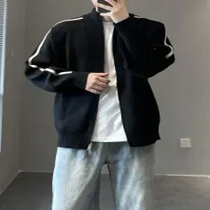 룽나루 남친 니트 카디건 더블 봄가을 집업 스웨터 스트라이프 테이프 HO3