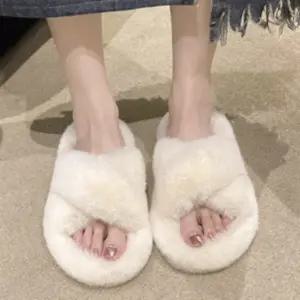 여성 겨울 포근한 퍼 슬리퍼 엑스 스트랩