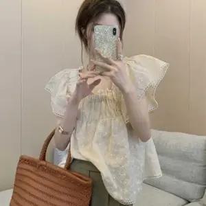 출근 룩 코디 여름 레이스 펀칭 반팔 블라우스 여자