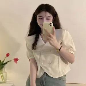 여성 여름 반팔 빅카라 레이스블라우스 러블리 자켓형