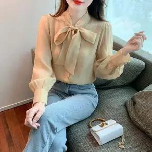 모던 오피스룩 여자 빅리본 쉬폰 블라우스 셔츠