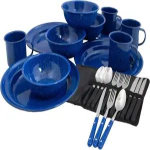 캠핑 및 배낭여행을 위한 4인용 에나멜웨어 다이닝 세트 - 캐디스 스포츠의 배낭여행 필수품