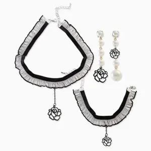 (목걸이+귀걸이+팔찌) (은침) 장미 레이스 초커 세트