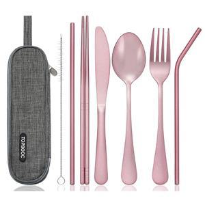휴대용 스테인리스 스틸 식기 세트, 여행용 캠핑 방수 케이스가 포함된 실버 세트(핑크)