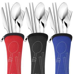 아로이너 3팩 재사용 가능한 식기 세트 나이프, 포크, 숟가락, 젓가락, 12개 휴대용 여행용 스테인리스 식기, 케이스 포함 디너웨어