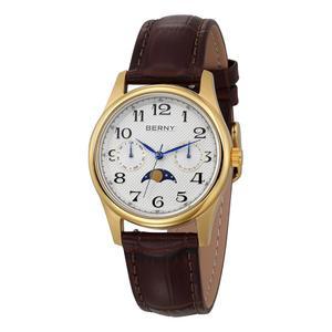 여성 BERNY 골드 워치 달 페이즈 시계 쿼츠 손목시계 읽기쉬운 아라비아 숫자 다이얼 다기능 아날로그 스테인리스 스틸 케이스 서브데일리 날짜 캘린더 포함