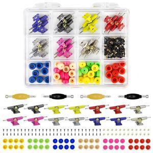 디스플레이 추가 14PCS 멀티컬러 트럭 및 48PCS 휠 60PCS 나사 30PCS 너트 4PCS 스패너 도구 96mm 핑거보드 스케이트보드 나무 데크 부품 키트 케이스