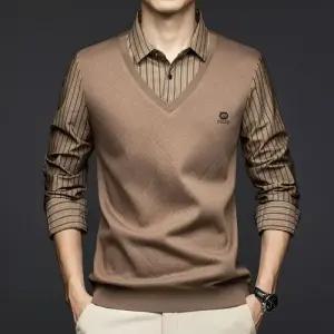 픽호샵 남자 캐주얼 투피스 페이크 키작남 셔츠 긴팔 칼라 솔리드 톱 봄가을 꾹3