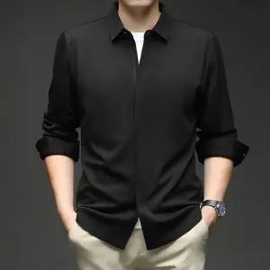 픽호샵 남성용 캐주얼 솔리드 슬림핏 긴팔 셔츠 봄가을 톱 집업 키작남 헴라인 꾹3